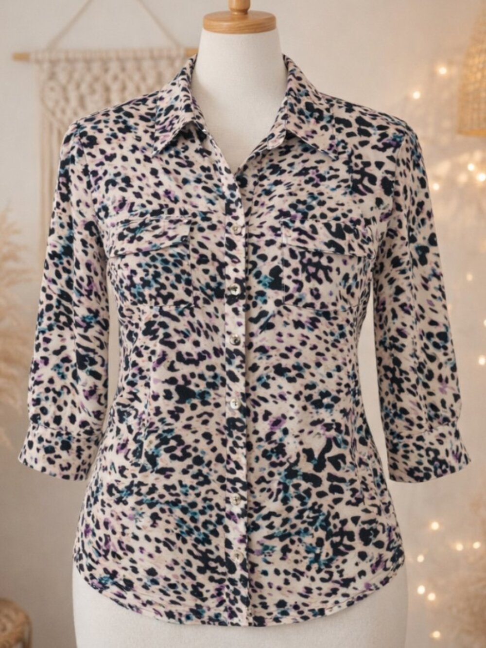 Vintage Elementz Animal Print Button-Up Blouse Petite S Leopard Y2K Statement